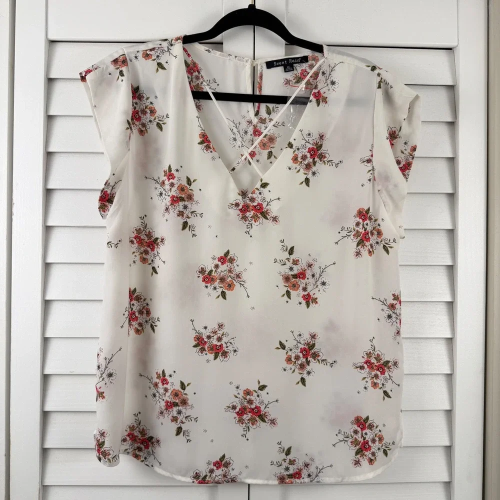 Sweet Rain Blouse Women XL White Floral Strappy V-Neck Cap Sleeve‎ Lightweight
